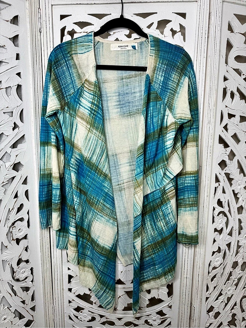 Anthropologie Sparrow Abstract Open Front Cardigan in Blue & Green Plaid